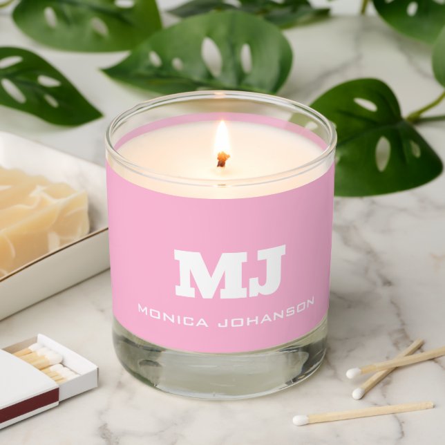 Cotton Candy Pink and White Modern Monogram Name  Scented Candle (Lit)