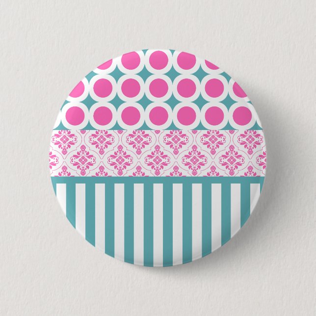 Cotton Candy Pink Blue Circles Stripes Damask Coll Pinback Button (Front)