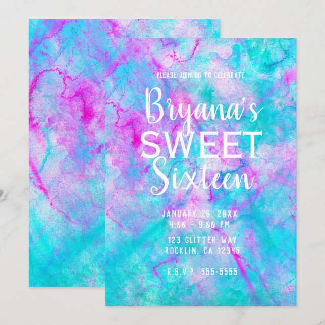 Cotton Candy Pink & Blue Watercolor Sweet 16 Party Invitation (Front/Back)