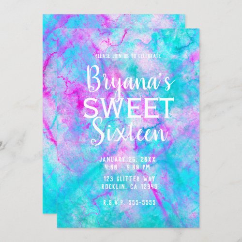 Cotton Candy Pink  Blue Watercolor Sweet 16 Party Invitation