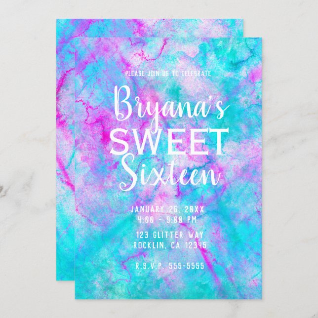 Cotton Candy Pink & Blue Watercolor Sweet 16 Party Invitation (Front/Back)