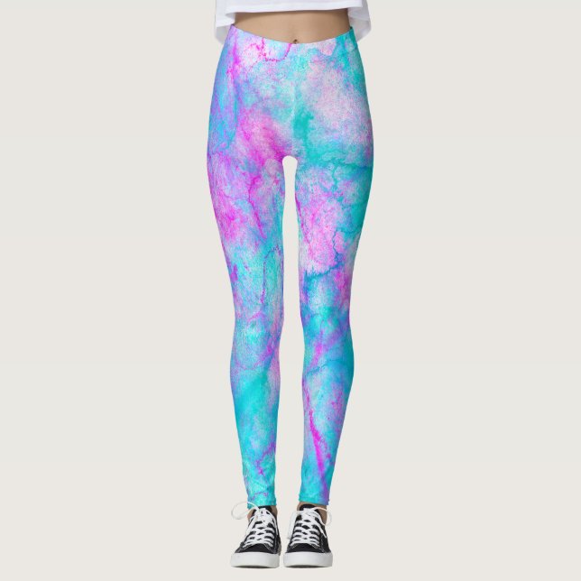 Cotton Candy Pink & Blue Watercolor Wash Stain Leggings (Front)
