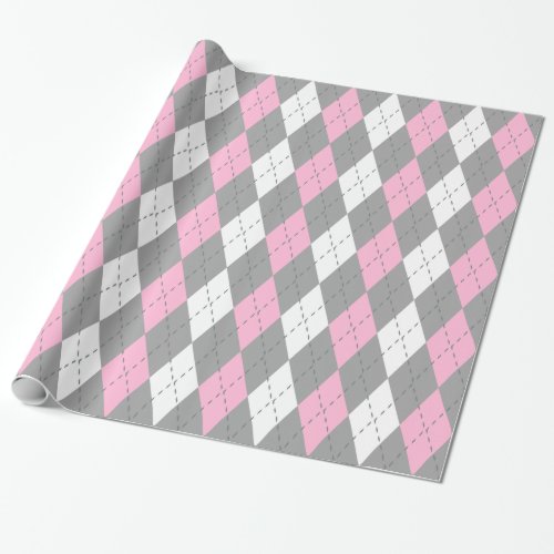 Cotton Candy Pink Charcoal Dk Gray Wht XL Argyle Wrapping Paper