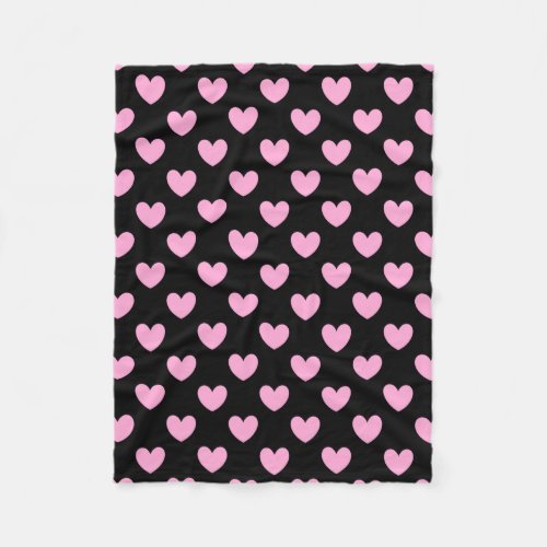 Cotton Candy Pink polka hearts on black Fleece Blanket