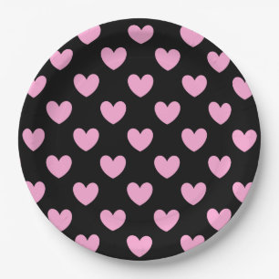 Cotton Candy Pink polka hearts on black Paper Plates