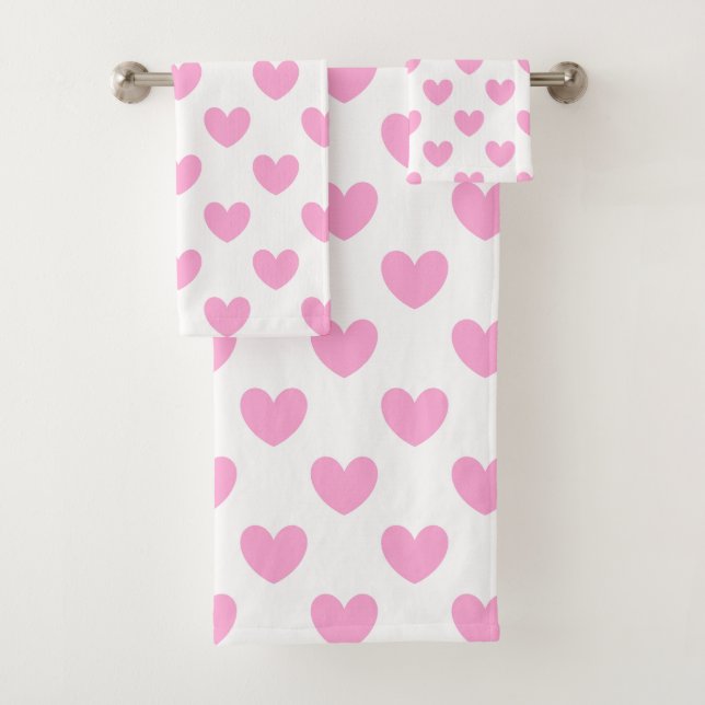 Cotton Candy Pink polka hearts on white Bath Towel Set (Insitu)