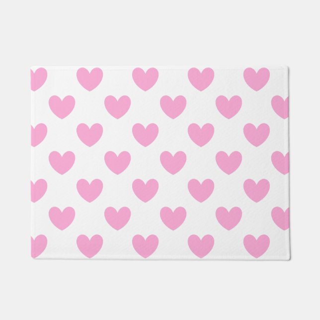 Cotton Candy Pink polka hearts on white Doormat (Front)