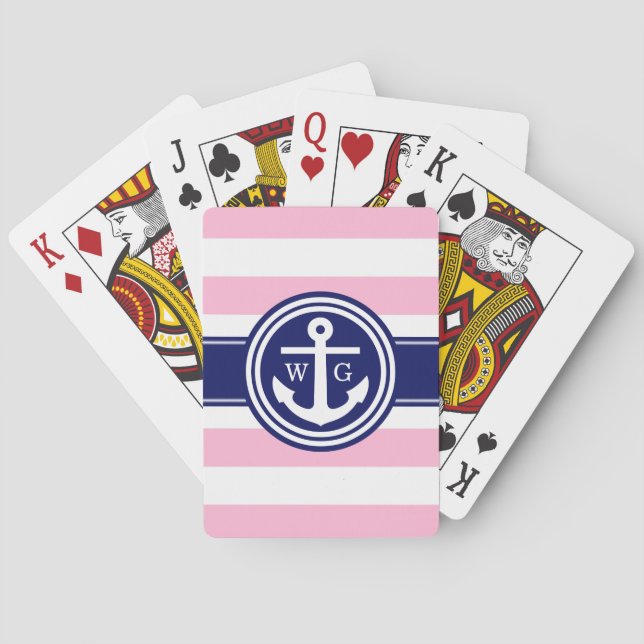 Cotton Candy Pk Navy Preppy Stripe Anchor Monogram Poker Cards (Back)