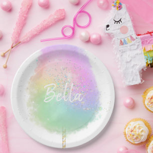 Cotton candy rainbow glitter cute paper plates