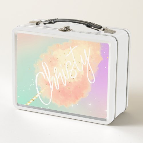 Cotton candy star dust peach teal purple pastel metal lunch box