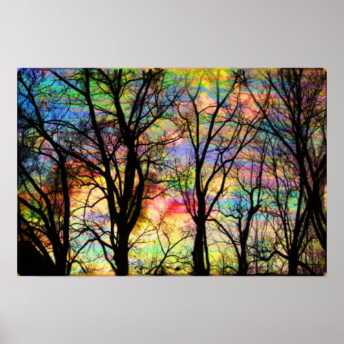 Cotton candy sunrise bare trees colorful art poster