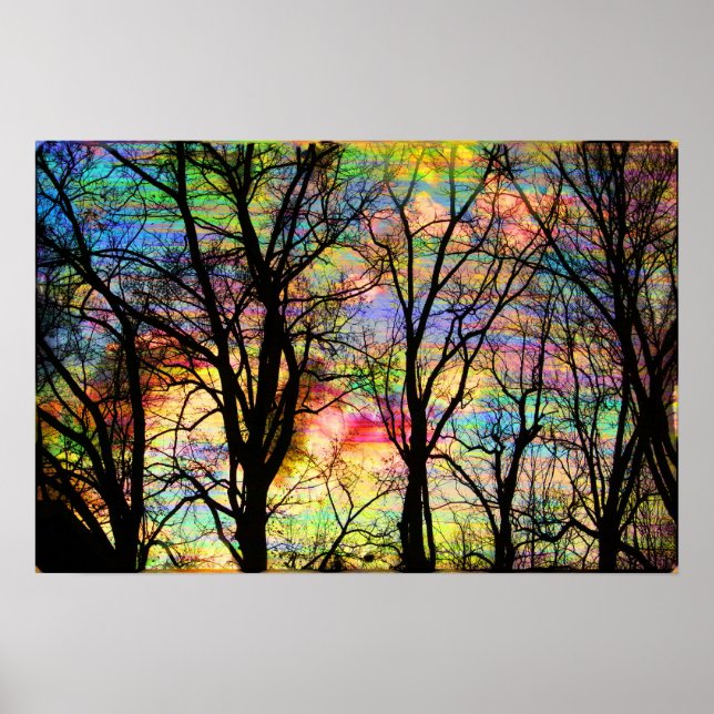 Cotton candy sunrise, bare trees, colorful art poster (Front)