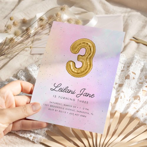 Cotton Candy Watercolor Girls 3rd Birthday Balloon Invitation