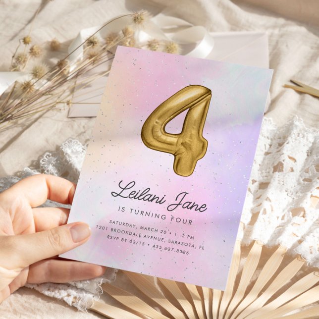 Cotton Candy Watercolor Girls 4th Birthday Balloon Invitation (Creator Uploaded)