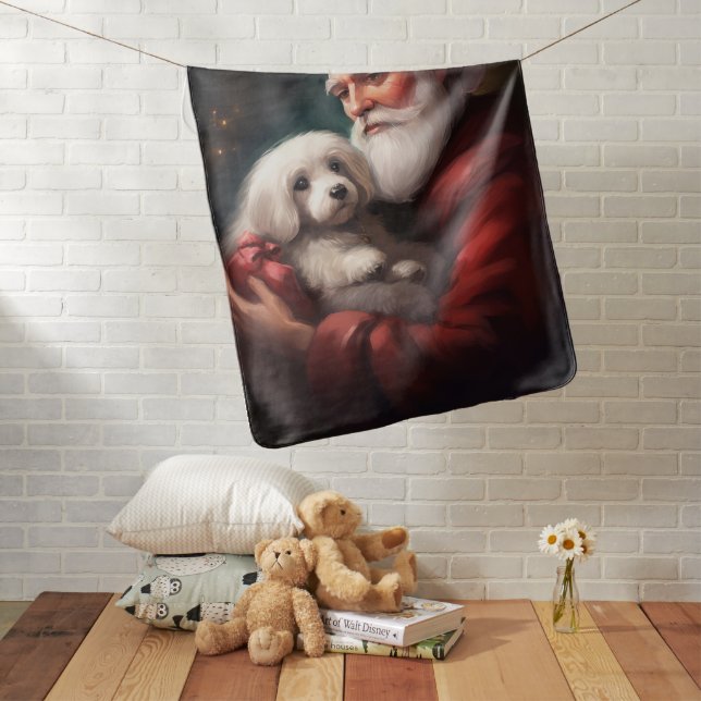 Cotton De Tulear With Santa Claus Christmas Baby Blanket (In Situ)