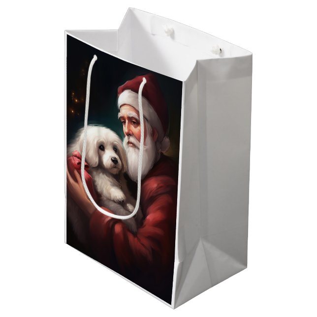 Cotton De Tulear With Santa Claus Christmas Medium Gift Bag (Front Angled)
