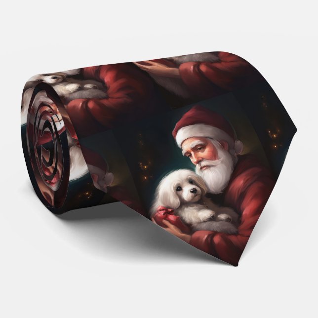 Cotton De Tulear With Santa Claus Christmas Neck Tie (Rolled)