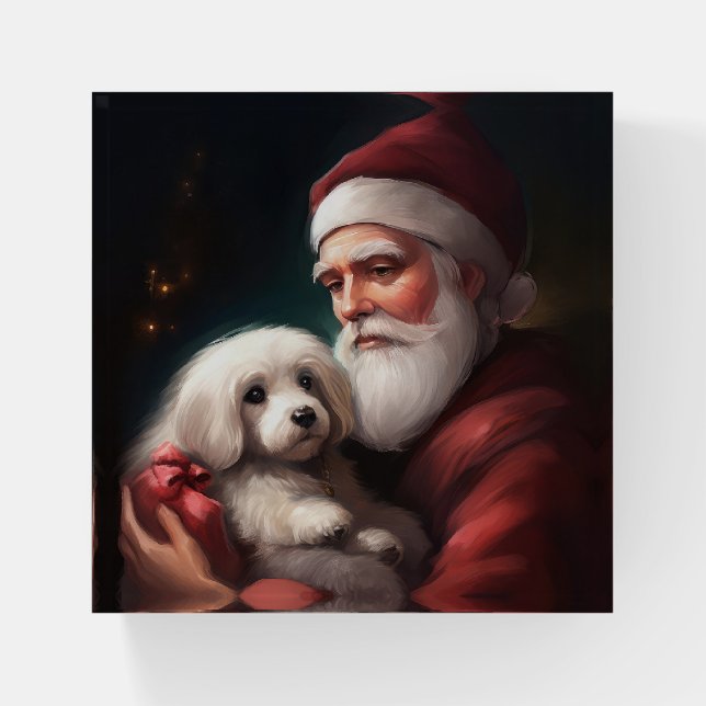 Cotton De Tulear With Santa Claus Christmas Paperweight (Front)