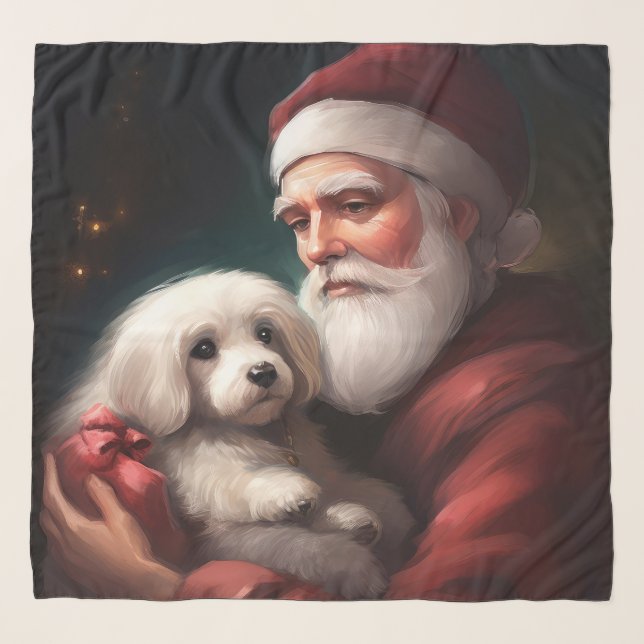 Cotton De Tulear With Santa Claus Christmas Scarf (Front)