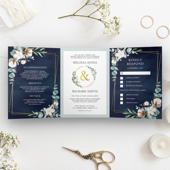 Cotton Eucalyptus All in One Navy Blue Wedding Tri-Fold Invitation (Creator Uploaded)