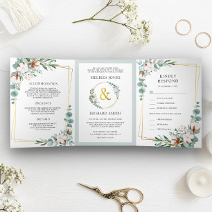 Cotton Eucalyptus Gold Frame All in One Wedding Tri-Fold Invitation