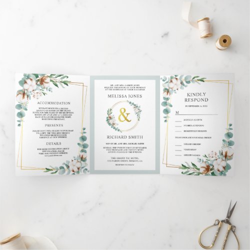 Cotton Eucalyptus Gold Frame All in One Wedding Tri_Fold Invitation
