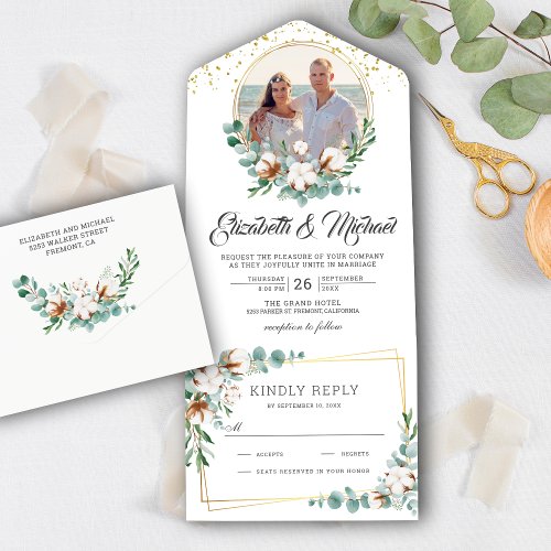 Cotton Eucalyptus Leaves Gold Frame Photo Wedding All In One Invitation