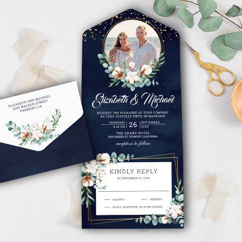 Cotton Eucalyptus Leaves Photo Navy Blue Wedding All In One Invitation