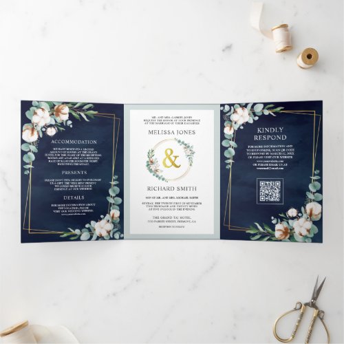 Cotton Eucalyptus Navy Blue QR Code Wedding Tri-Fold Invitation