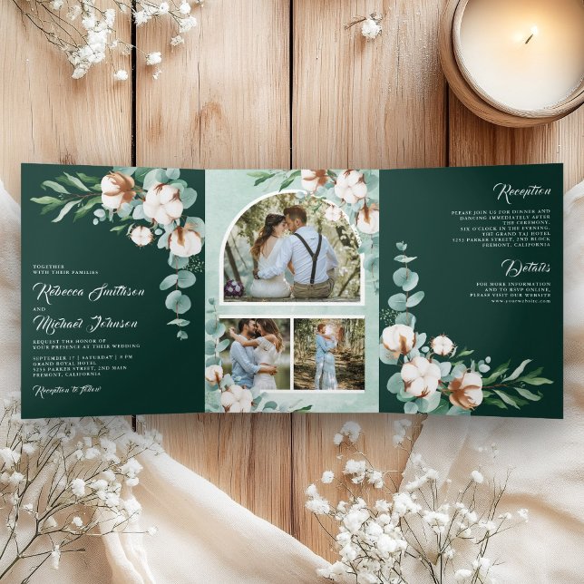 Cotton Eucalyptus Photo All in One Emerald Wedding Tri-Fold Invitation (Creator Uploaded)