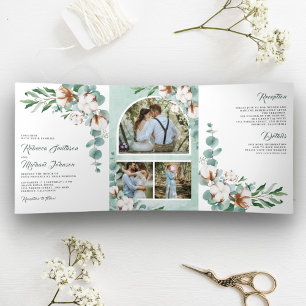 Cotton Eucalyptus Photo Collage All in One Wedding Tri-Fold Invitation
