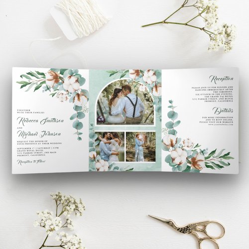 Cotton Eucalyptus Photo Collage All in One Wedding Tri_Fold Invitation