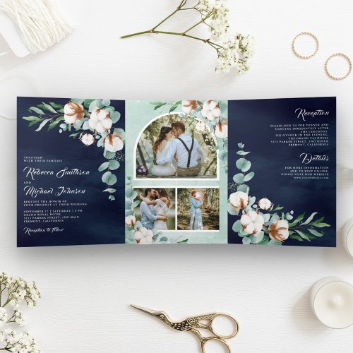Cotton Eucalyptus Photo Collage Navy Blue Wedding Tri_Fold Invitation