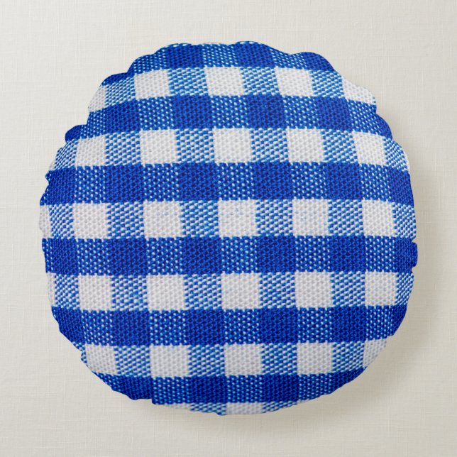 cotton fabric texture blue checkered round pillow (Front)