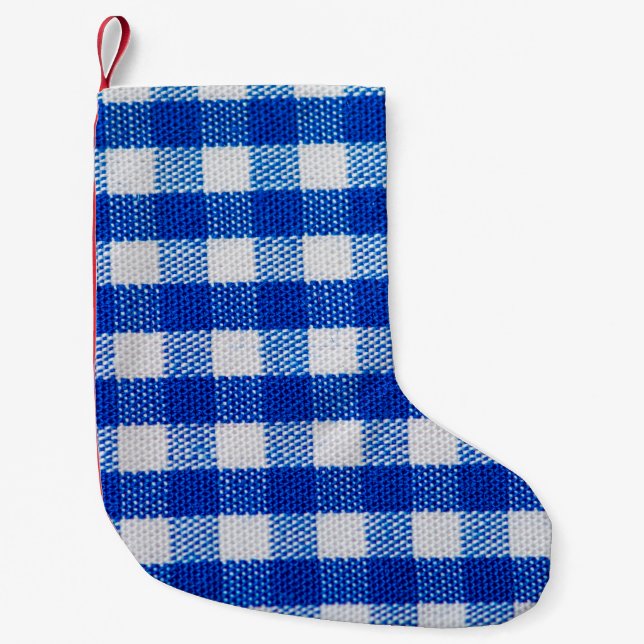 cotton fabric texture blue checkered small christmas stocking (Front)