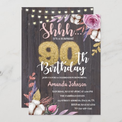 Cotton Floral Rustic Wood 90th Birthday Invitation