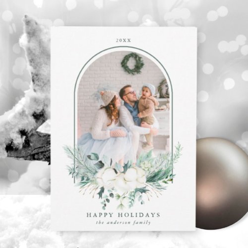 Cotton Flower Arched Frame Photo Christmas Holiday Card