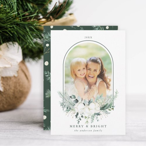 Cotton Flower Arched Frame Photo Merry  Bright  Holiday Card