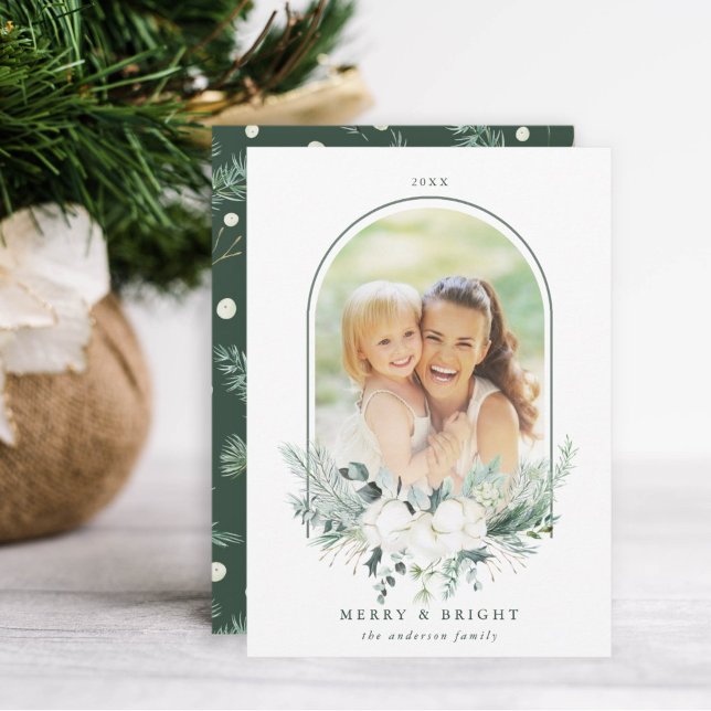 Cotton Flower Arched Frame Photo Merry & Bright  Holiday Card (Creator Uploaded)