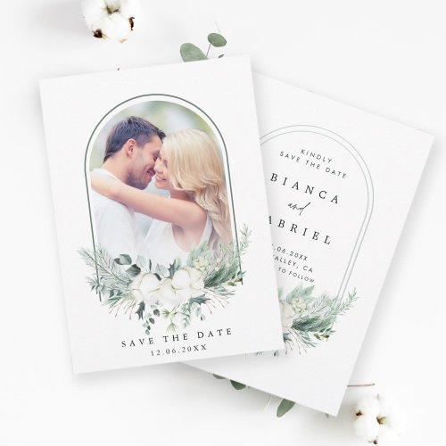 Cotton Flower Arched Frame Wedding Photo Save The Date