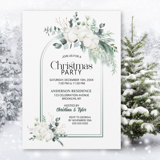 Cotton Flower Eucalyptus Arch Christmas Party Invitation (Creator Uploaded)