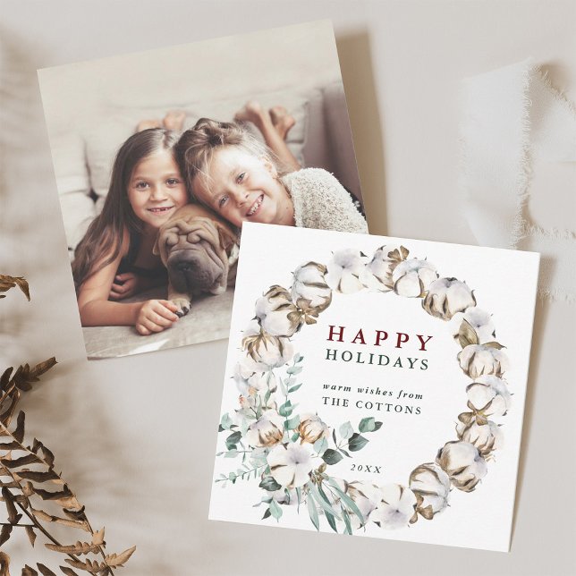 Cotton Flower Wreath Happy Holidays Photo Card  (Front & Back)