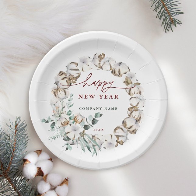 Cotton Flower Wreath Happy New Year Holiday Paper Plates (Creator Uploaded)