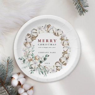 Cotton Flower Wreath Merry Christmas Holiday Paper Plates