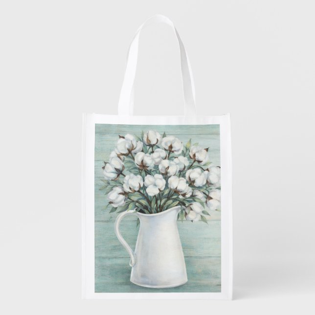 Cotton Flowers Farmhouse Reusable Grocery Bag (Front)