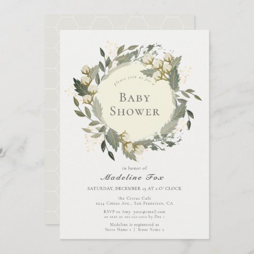 Cotton Garden Wreath Winter White Baby Shower Invitation