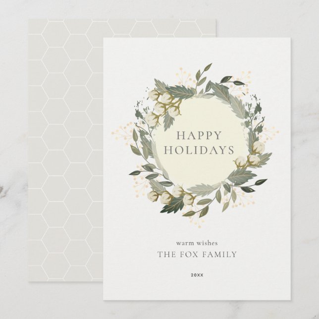 Cotton Garden Wreath Winter White Holiday Card (Front/Back)