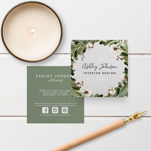 Cotton Greenery Wreath Typography Square Business Card