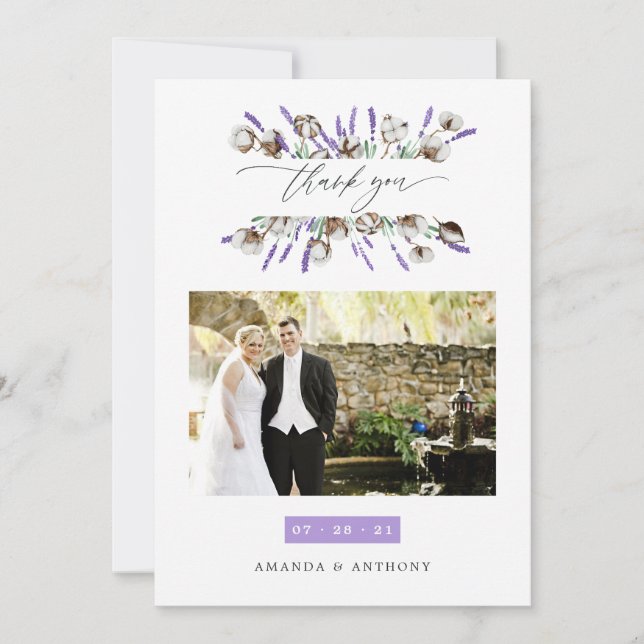 Cotton Lavender Wedding Photo Thank You Card (Front)