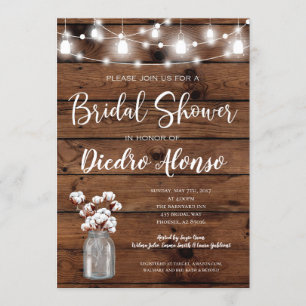 Cotton Mason Jar Rustic Bridal Shower Invitation